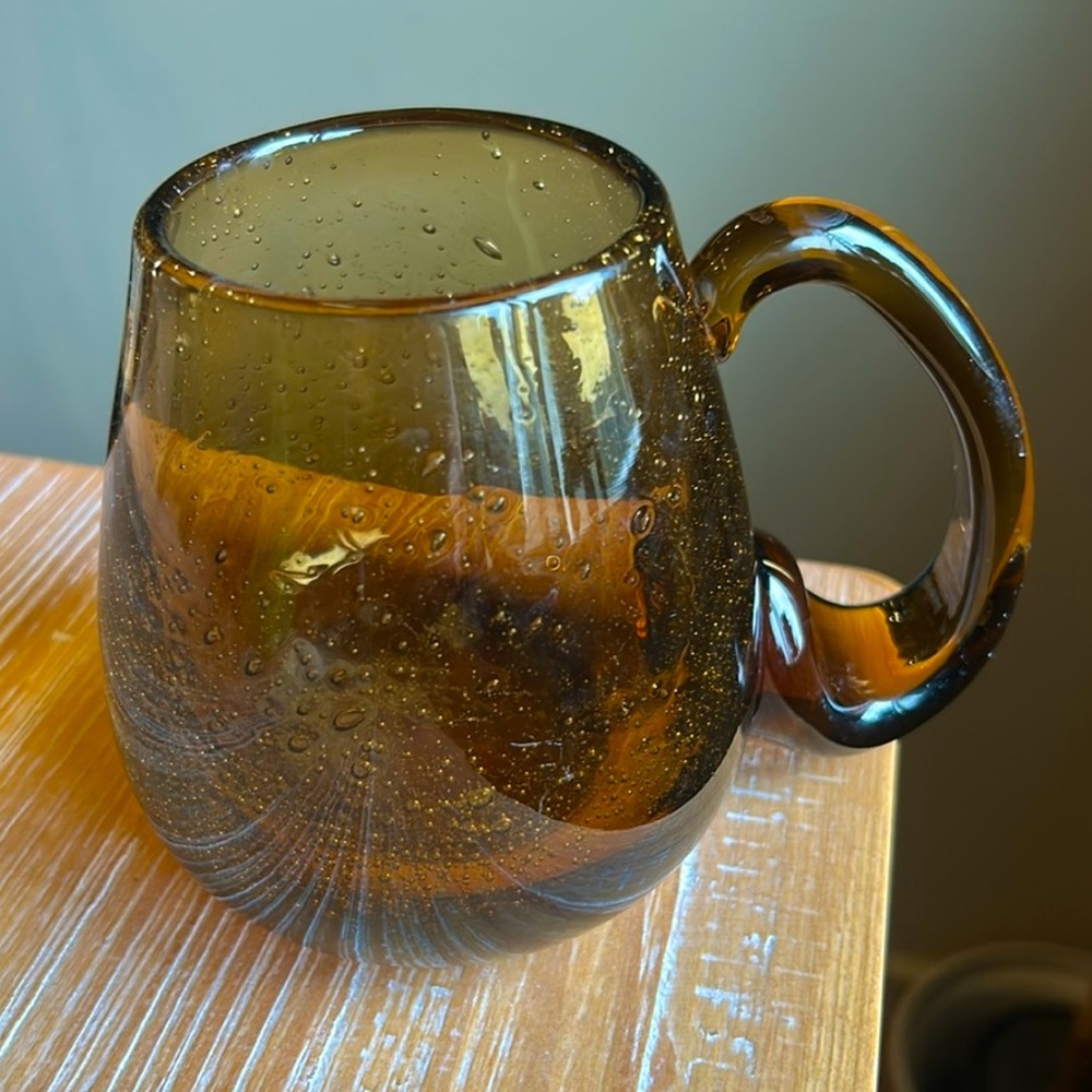 Vintage Hand Blown Amber Glass Mug Large Handle Smooth Pontil Heavy - Picture 3 of 13